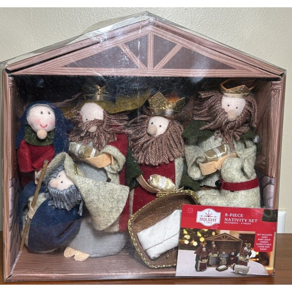 Holiday Time Christmas Fabric Nativity Set 8-Piece Plush Figures Stable NEW